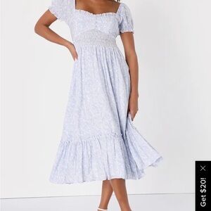 Lulu's Lavender Smocked Midi Dress with Puff Sleeves